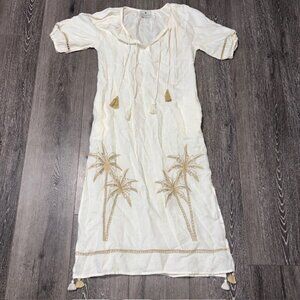 Benaras by Citrus Dress Womens Sz M Linen Blend Embroidered Palm Tree Tassels